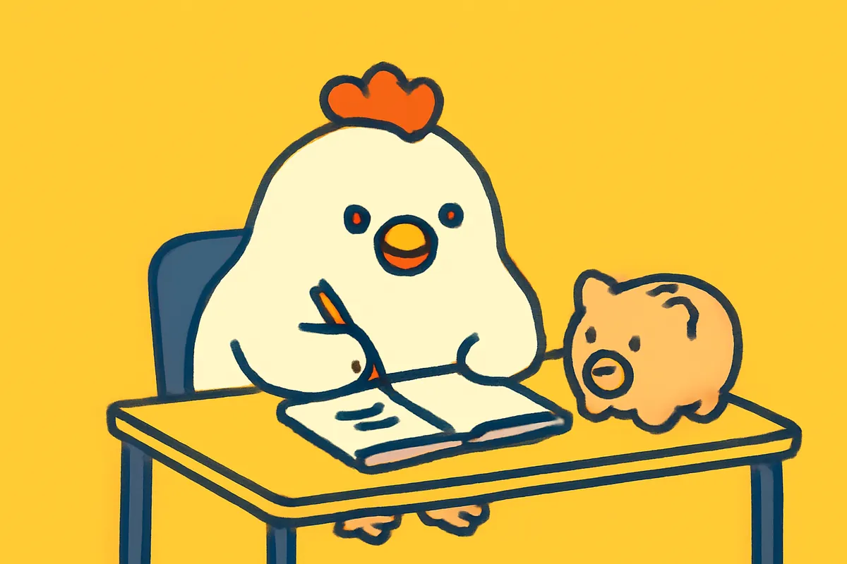 Illustration: Das Huhn plant am Schreibtisch sein Budget mit Notizbuch und Sparschwein