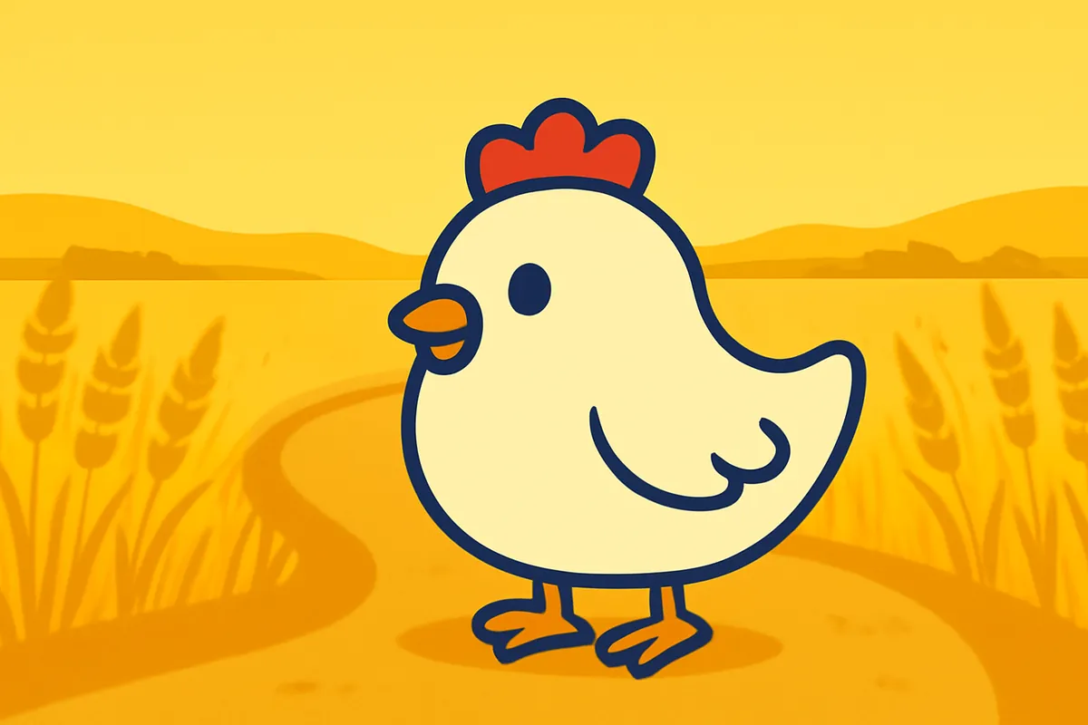 Illustration: Das Chicken-Road-Huhn unterwegs auf einer Landstraße