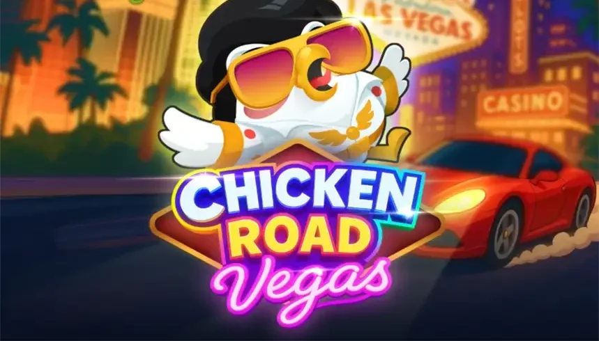Chicken Road Vegas Logo der Themen-Variante mit Neon-Optik von Inout Games
