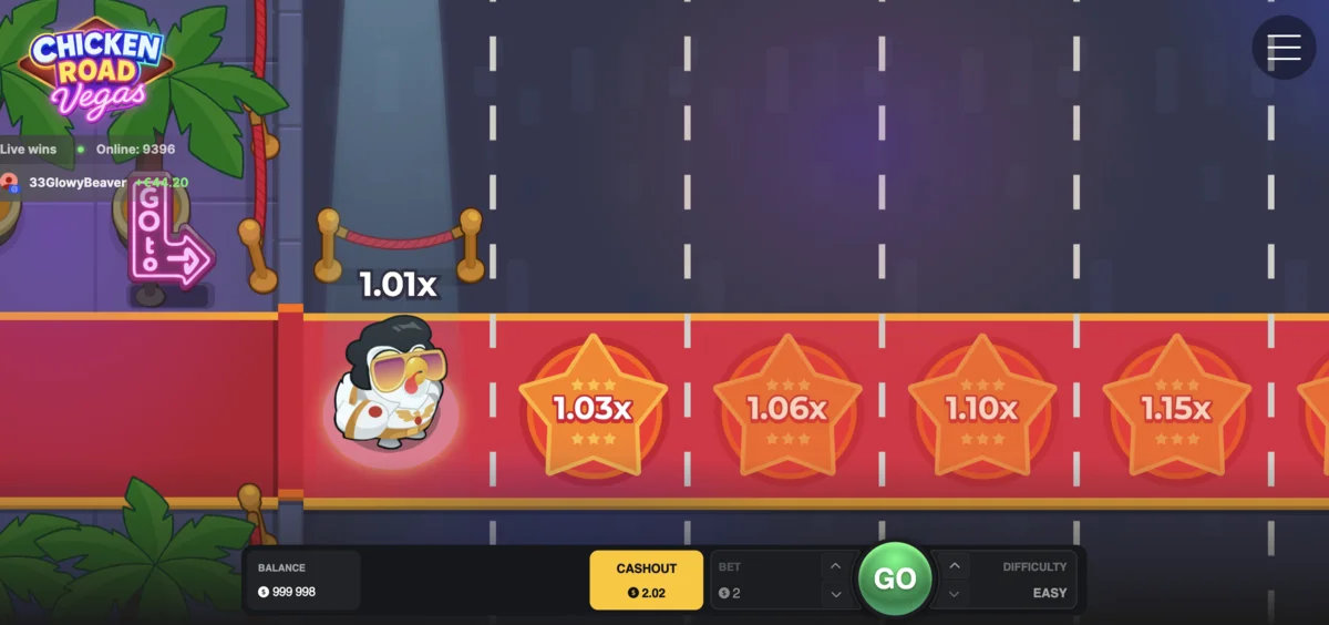 Chicken Road Vegas Spieloberfläche mit Cash-out-Button und Multiplikator-Anzeige